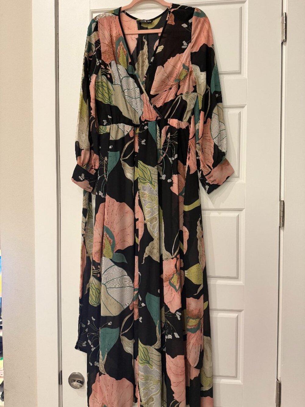 Fashion Nova Black Floral Long Sleeve Wrap Maxi Dress